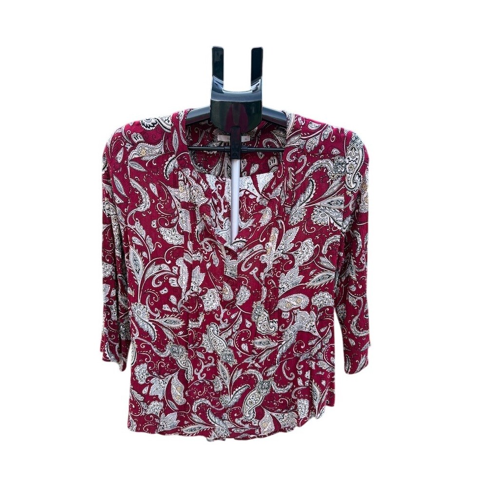 Fun2Fun Blouse Womens XL Red Paisley Tunic Top 3/4 Sleeve Split Neck